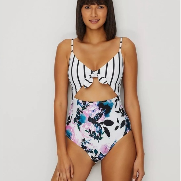 NEW ModCloth STRIPE FLORAL Siena Cut Out One Piece Swimsuit - Picture 1 of 13